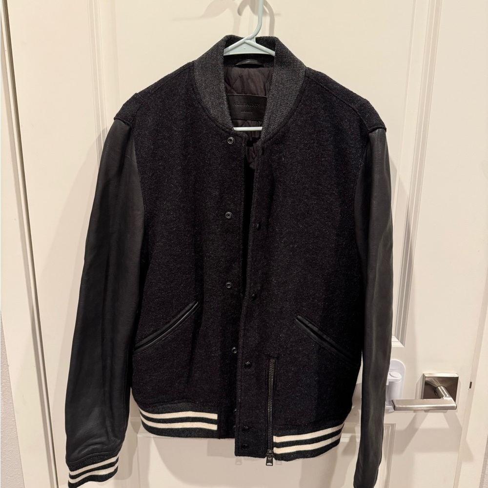 All Saints Black Wool Bomber Jacket with Leather Sleeves